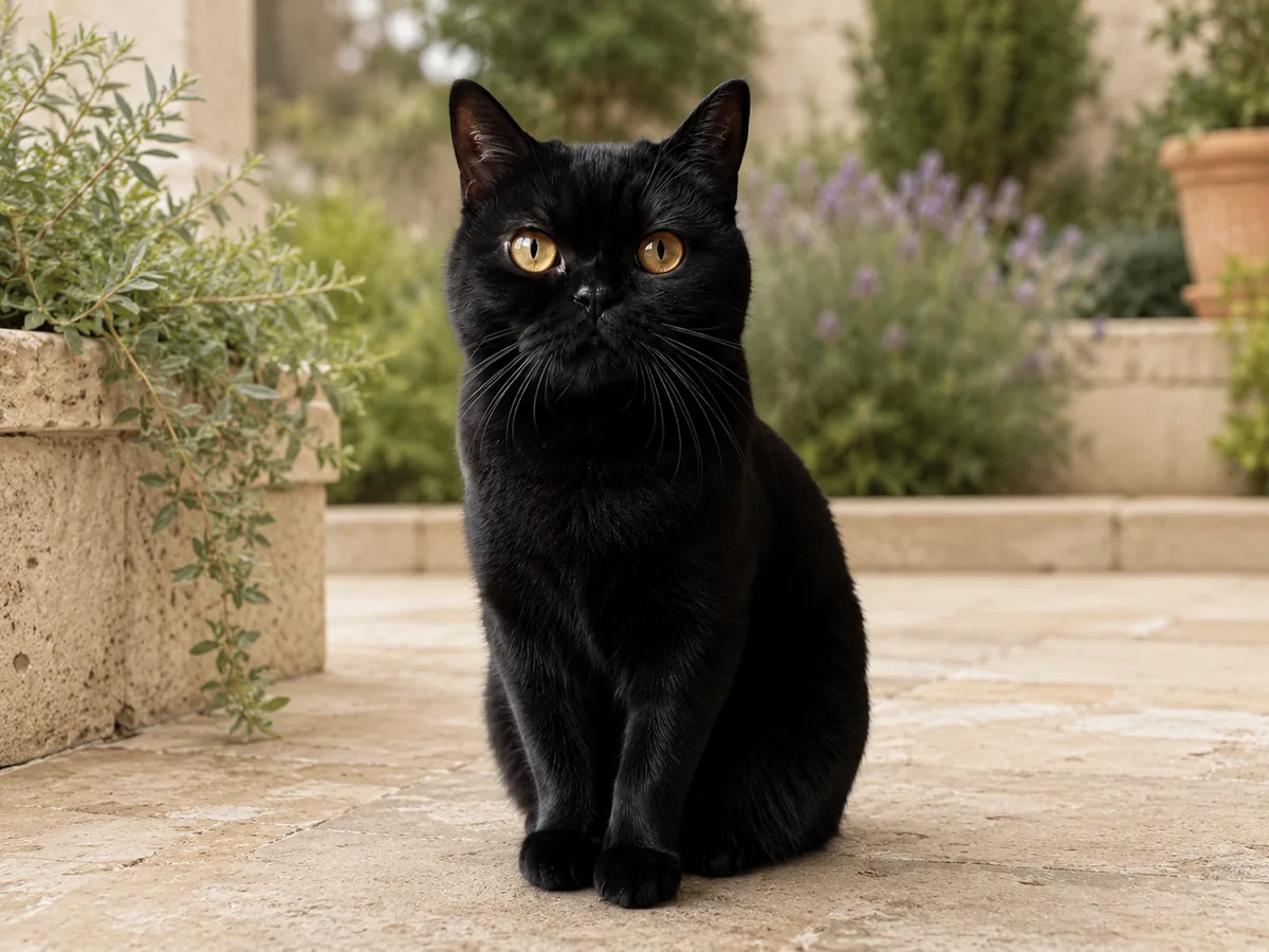 Kucing hitam yang sama ditempatkan di bawah cahaya lembut taman, dengan tetap mempertahankan ciri-ciri aslinya.