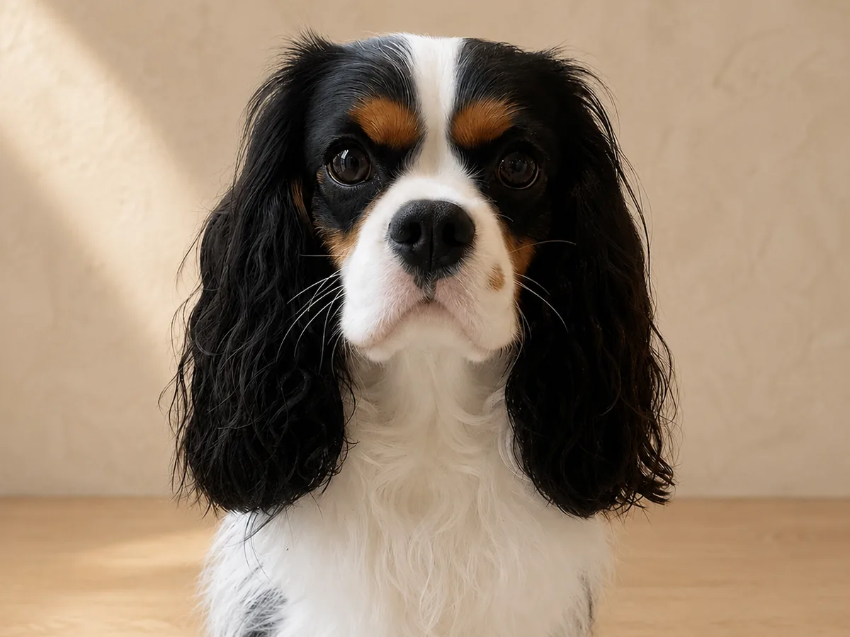 Anjing ras Charlie King Chaser yang sama difoto dalam suasana studio potret yang hangat dan lembut.