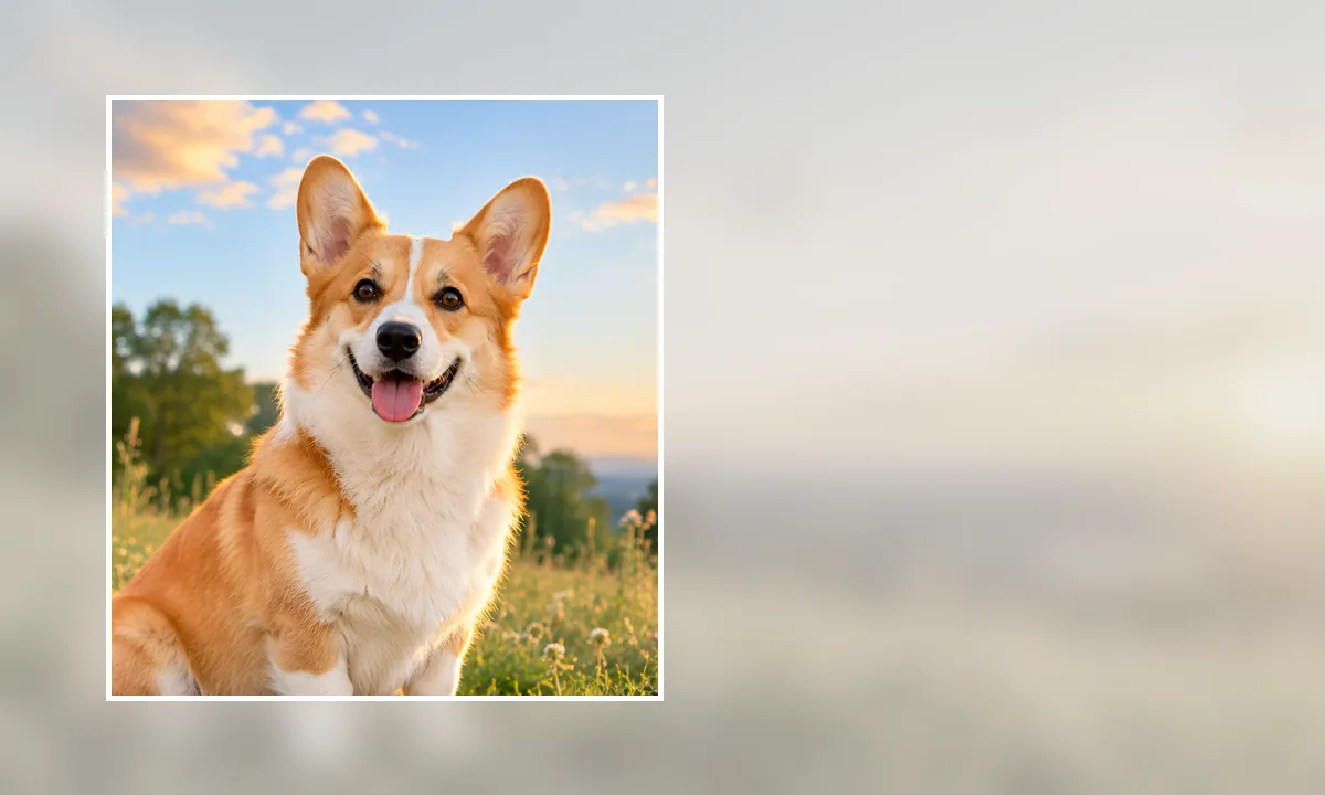 A tight crop of a corgi sitting in a sunset meadow.